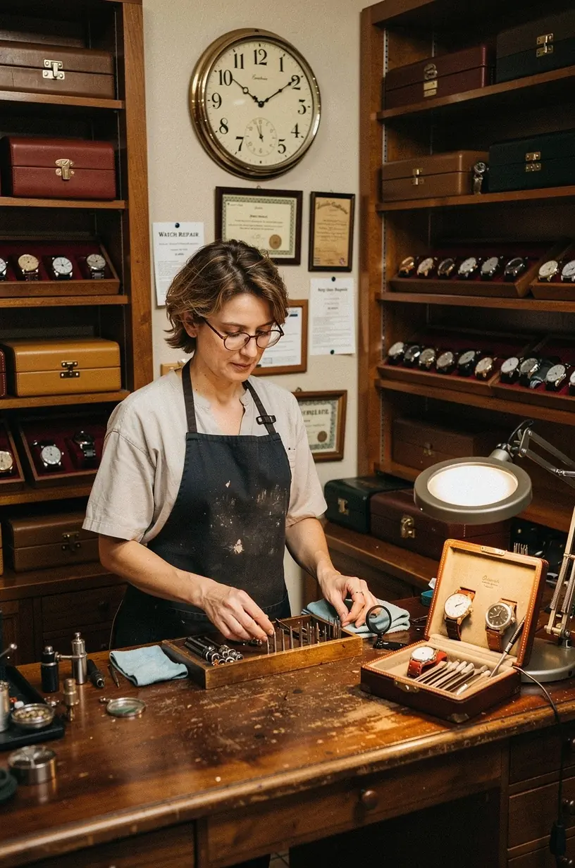 Precision tools and watch components in repair studio