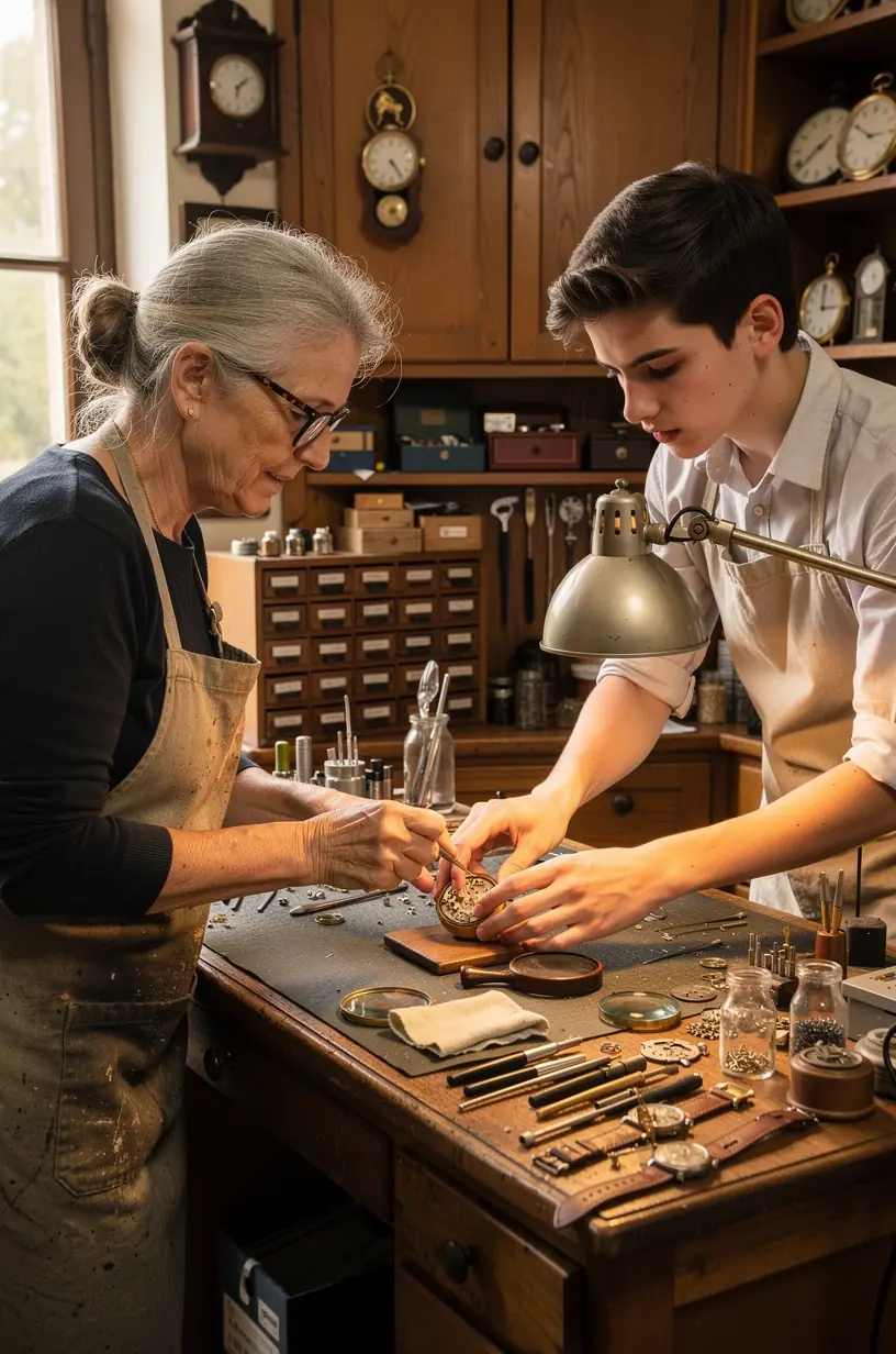 Watch technician replacing a crystal on a timepiece.